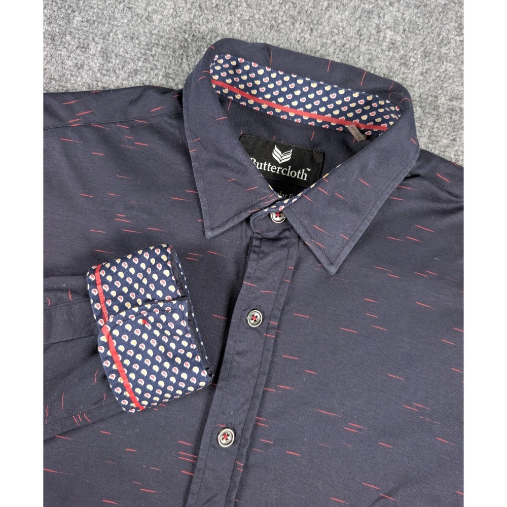 Buttercloth Long Sleeve Dress Shirt Mens Medium Reg Fit Blue Geometric Flip Cuff